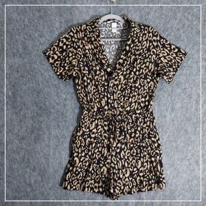 H&M Romper Women S Brown Leopard Print Short Sleeve Button Front Elastic Waist